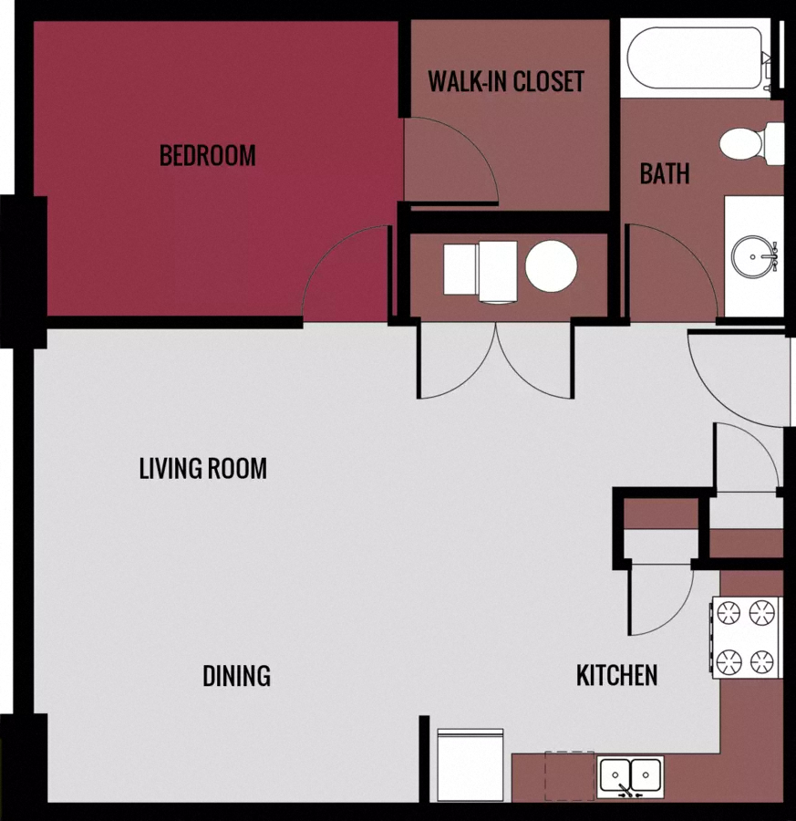 Floor plan for 1 bed, 1 bath, 561 sqft